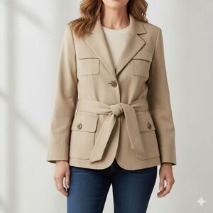 Talbots Petites 12P Wool Belted Safari Blazer Jacket Beige Notch Lapel